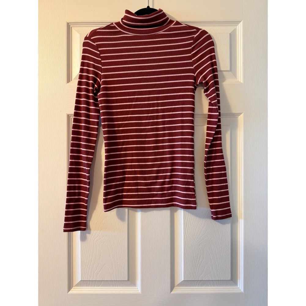 Free Assembly Burgundy Pink Striped Ribbed Turtleneck Organic Cotton Top S